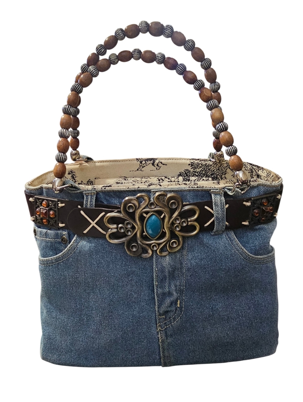 Vtg Minghaos Western Boho Denim Handbag Beaded Handle & Concho Belt 70s Retro
